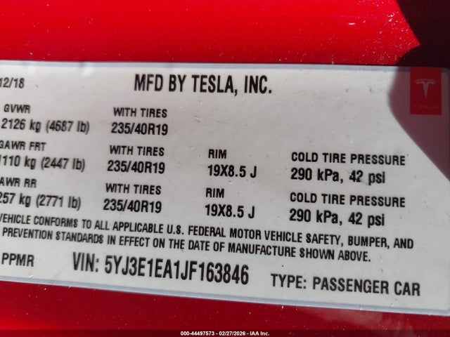Продаж на аукціоні авто 2018 Tesla Model 3 Long Range/mid Range, vin: 5YJ3E1EA1JF163846, номер лоту: 44497573