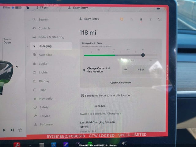 44497594 :رقم المزاد ، 5YJ3E1EB2JF066518 vin ، 2018 Tesla Model 3 Long Range/performance مزاد بيع
