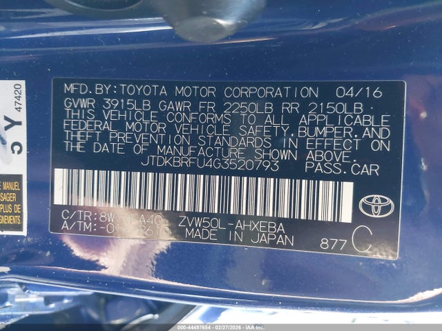 JTDKBRFU4G3520793 Toyota Prius Two