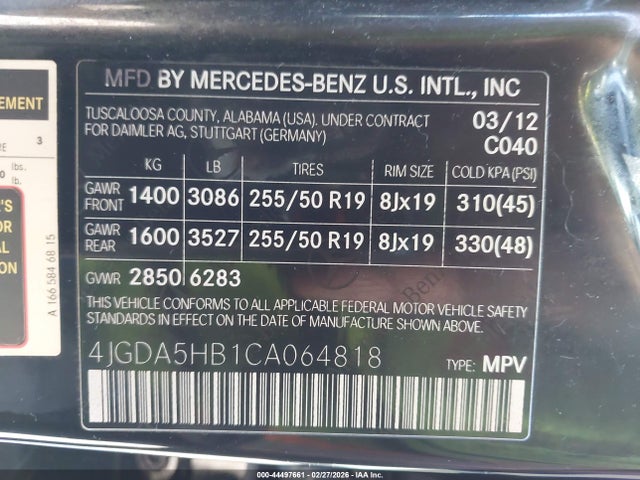 2012 Mercedes-benz Ml 350 4matic მანქანა იყიდება აუქციონზე, vin: 4JGDA5HB1CA064818, აუქციონის ნომერი: 44497661