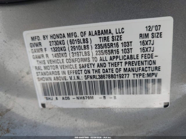 Aukcja sprzedaży 2008 Honda Odyssey Ex-l, vin: 5FNRL38678B019277, numer aukcji: 44497669