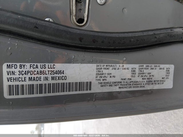 2020 Dodge Journey Se Value მანქანა იყიდება აუქციონზე, vin: 3C4PDCAB6LT254064, აუქციონის ნომერი: 44497693