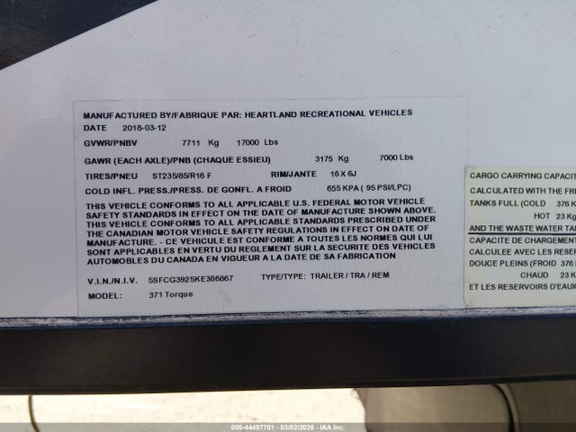 5SFCG3925KE386867 Heartland Travel Trailer