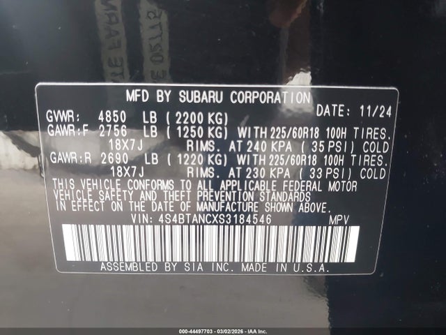 Aukcja sprzedaży 2025 Subaru Outback Limited, vin: 4S4BTANCXS3184546, numer aukcji: 44497703
