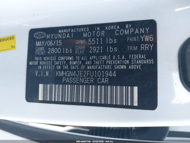 2015 Hyundai Genesis 3.8 მანქანა იყიდება აუქციონზე, vin: KMHGN4JE2FU101944, აუქციონის ნომერი: 44497706