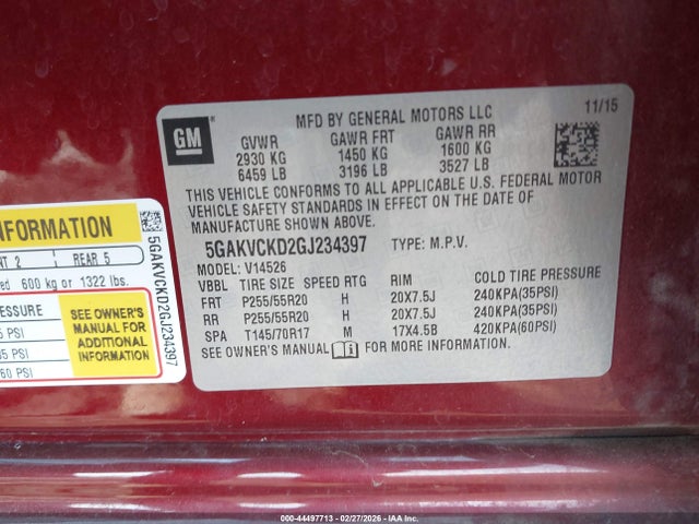 44497713 :رقم المزاد ، 5GAKVCKD2GJ234397 vin ، 2016 Buick Enclave Premium مزاد بيع