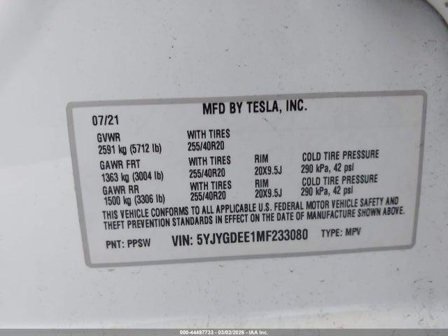 2021 TESLA MODEL Y 5YJYGDEE1MF233080 Photo 8