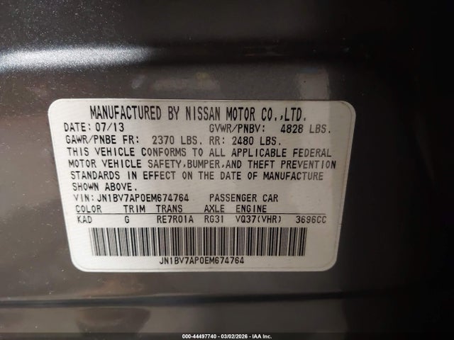 44497740 :رقم المزاد ، JN1BV7AP0EM674764 vin ، 2014 Infiniti Q50 Premium مزاد بيع