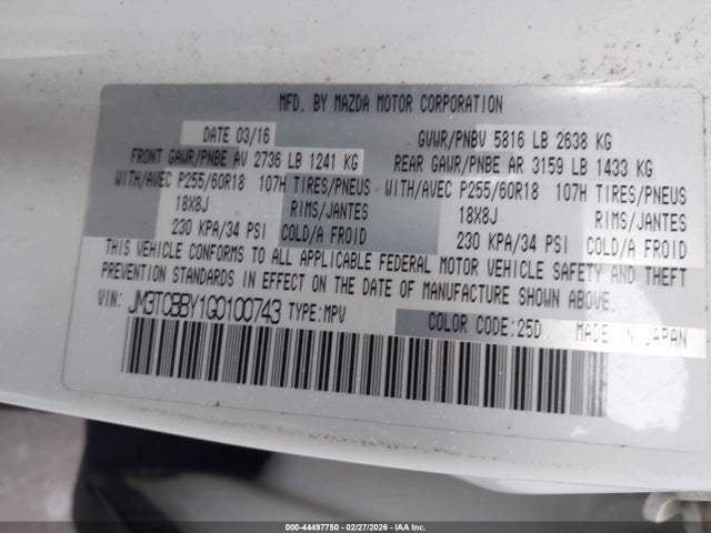 Aukcja sprzedaży 2016 Mazda Cx-9 Sport, vin: JM3TCBBY1G0100743, numer aukcji: 44497750