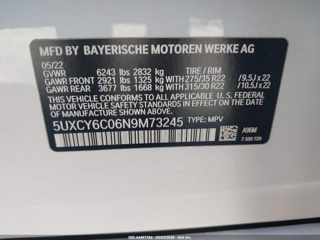Продаж на аукціоні авто 2022 Bmw X6 Xdrive40i, vin: 5UXCY6C06N9M73245, номер лоту: 44497764
