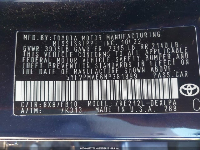 5YFVPMAE6NP381899 Toyota COROLLA LE