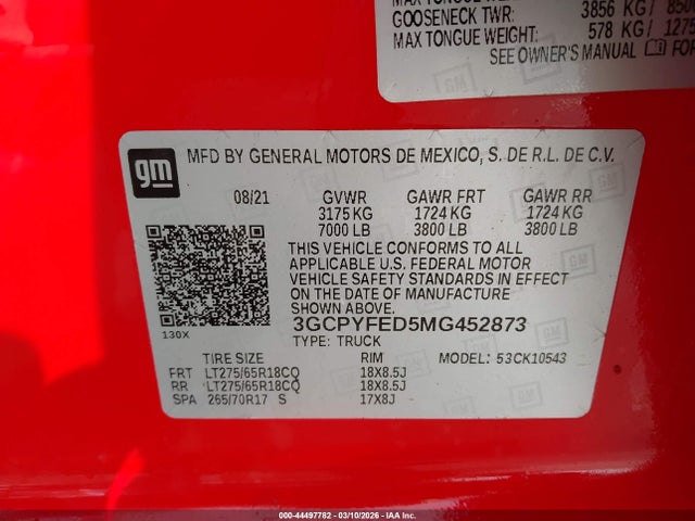 44497782 :رقم المزاد ، 3GCPYFED5MG452873 vin ، 2021 Chevrolet Silverado 1500 4wd  Short Bed Lt Trail Boss مزاد بيع