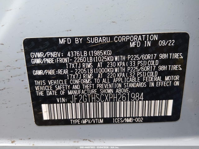 Aukcja sprzedaży 2023 Subaru Crosstrek Sport, vin: JF2GTHSCXPH261984, numer aukcji: 44497803