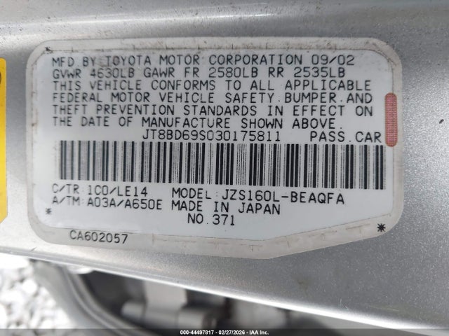44497817 :رقم المزاد ، JT8BD69S030175811 vin ، 2003 Lexus Gs 300 مزاد بيع