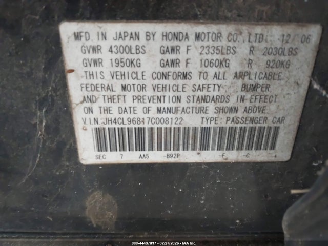 44497837 :رقم المزاد ، JH4CL96817C008122 vin ، 2007 Acura Tsx مزاد بيع