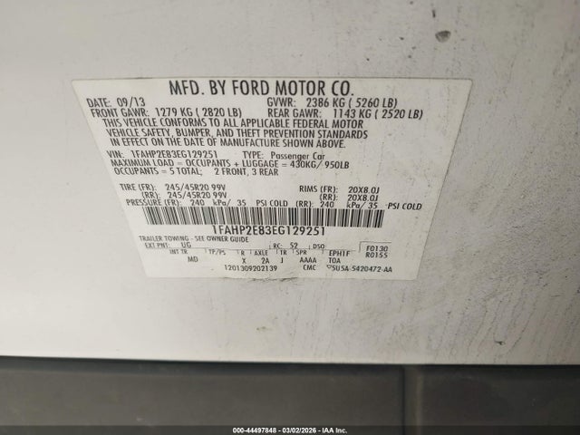 Ford TAURUS SEL 2014 1FAHP2E83EG129251 Image 9