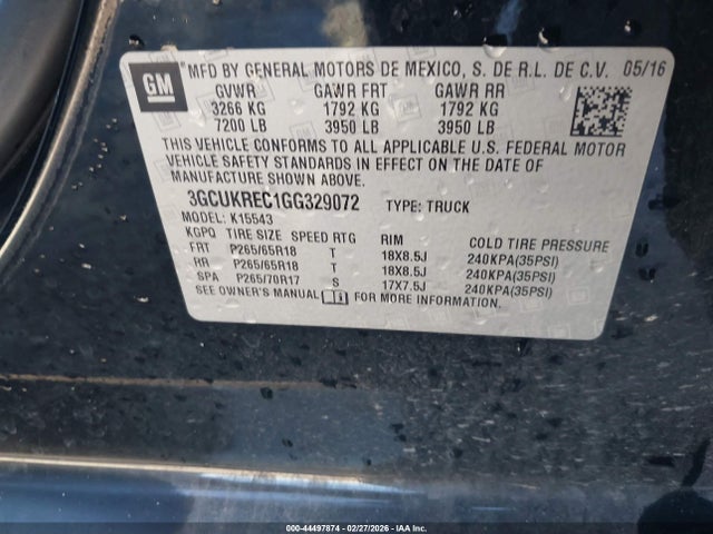 Продажа на аукционе авто 2016 Chevrolet Silverado 1500 1lt, vin: 3GCUKREC1GG329072, номер лота: 44497874