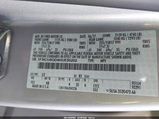 1FMCU9GD4HUE50202 Ford ESCAPE SE