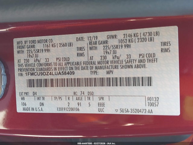 Ford Escape Titanium Hybrid 2020 1FMCU9DZ4LUA58409 Image 9