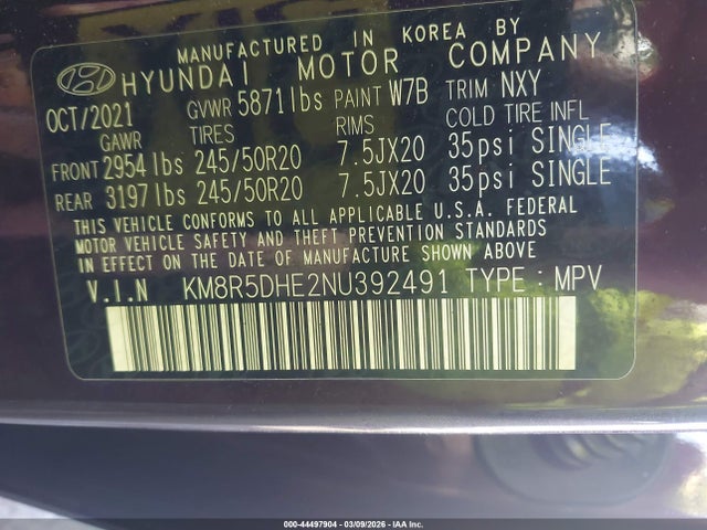 44497904 :رقم المزاد ، KM8R5DHE2NU392491 vin ، 2022 Hyundai Palisade Limited مزاد بيع