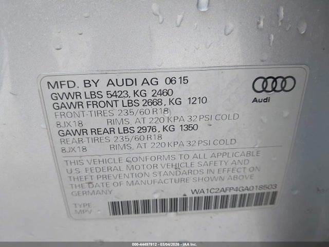 Продаж на аукціоні авто 2016 Audi Q5 2.0t Premium, vin: WA1C2AFP4GA018503, номер лоту: 44497912
