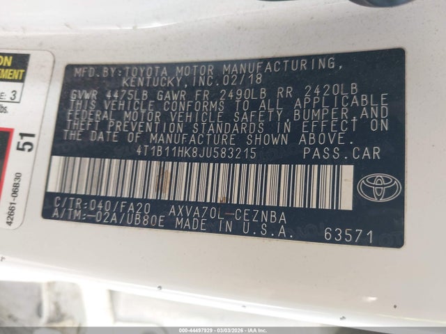 4T1B11HK8JU583215 Toyota CAMRY LE