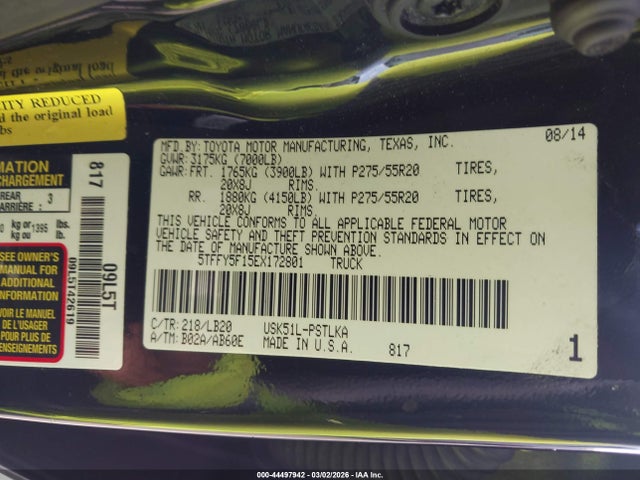 5TFFY5F15EX172801 Toyota Tundra Limited 5.7l V8