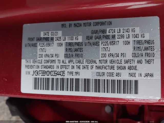 44497948 :رقم المزاد ، JM3KFBBM0M0394406 vin ، 2021 Mazda Cx-5 Sport مزاد بيع