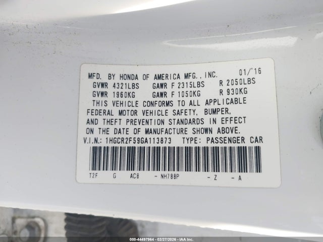 Продажа на аукционе авто 2016 Honda Accord Sport, vin: 1HGCR2F59GA113873, номер лота: 44497964