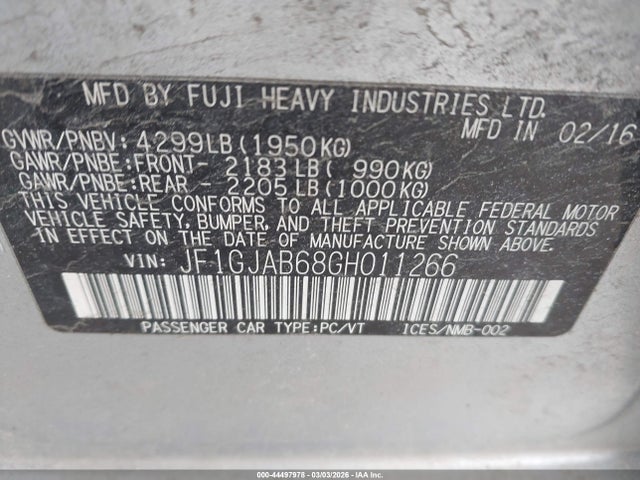 44497978 :رقم المزاد ، JF1GJAB68GH011266 vin ، 2016 Subaru Impreza 2.0i Premium مزاد بيع