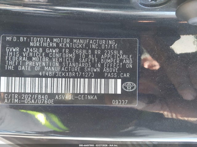 44497988 :رقم المزاد ، 4T4BF3EKXBR171273 vin ، 2011 Toyota Camry Le مزاد بيع