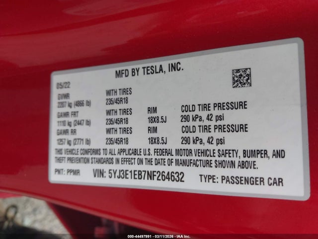 2022 Tesla Model 3 Long Range Dual Motor All-wheel Drive მანქანა იყიდება აუქციონზე, vin: 5YJ3E1EB7NF264632, აუქციონის ნომერი: 44497991
