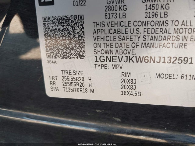 Aukcja sprzedaży 2022 Chevrolet Traverse Awd Rs, vin: 1GNEVJKW6NJ132591, numer aukcji: 44498001