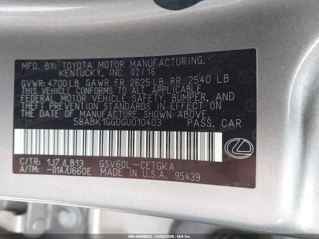 44498022 :رقم المزاد ، 58ABK1GG0GU010403 vin ، 2016 Lexus Es 350 مزاد بيع