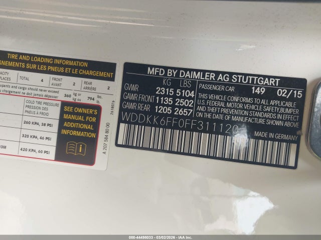 44498033 :رقم المزاد ، WDDKK6FF0FF311120 vin ، 2015 Mercedes-benz E 400 مزاد بيع