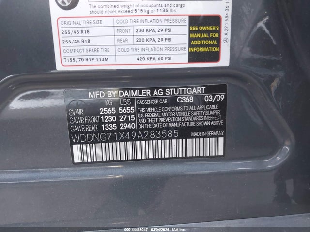 44498047 :رقم المزاد ، WDDNG71X49A283585 vin ، 2009 Mercedes-benz S 550 مزاد بيع