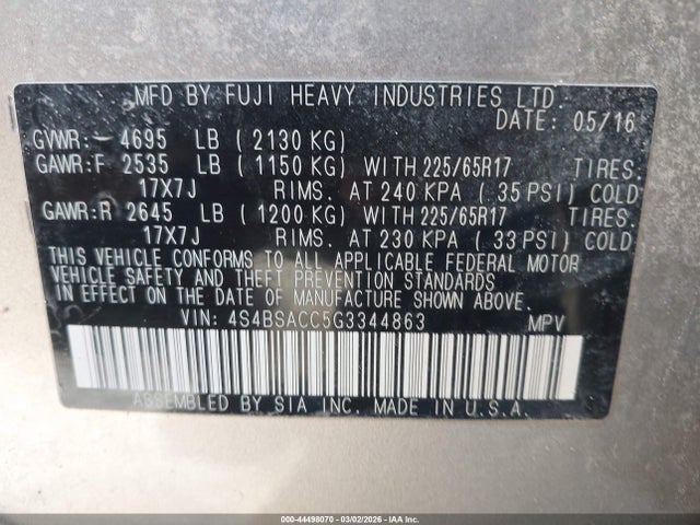 44498070 :رقم المزاد ، 4S4BSACC5G3344863 vin ، 2016 Subaru Outback 2.5i Premium مزاد بيع