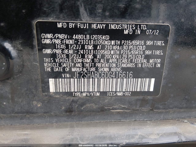 2013 Subaru Forester 2.5x მანქანა იყიდება აუქციონზე, vin: JF2SHABC6DG416616, აუქციონის ნომერი: 44498082