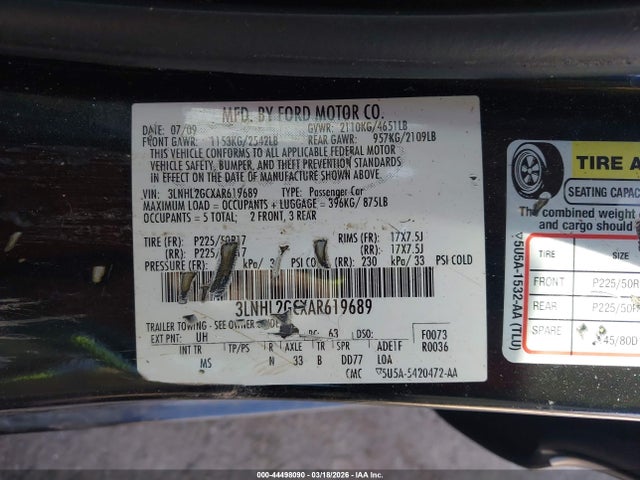 Aukcja sprzedaży 2010 Lincoln Mkz, vin: 3LNHL2GCXAR619689, numer aukcji: 44498090