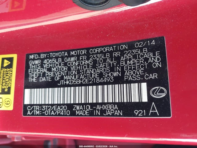 Aukcja sprzedaży 2014 Lexus Ct 200h, vin: JTHKD5BH2E2184493, numer aukcji: 44498092
