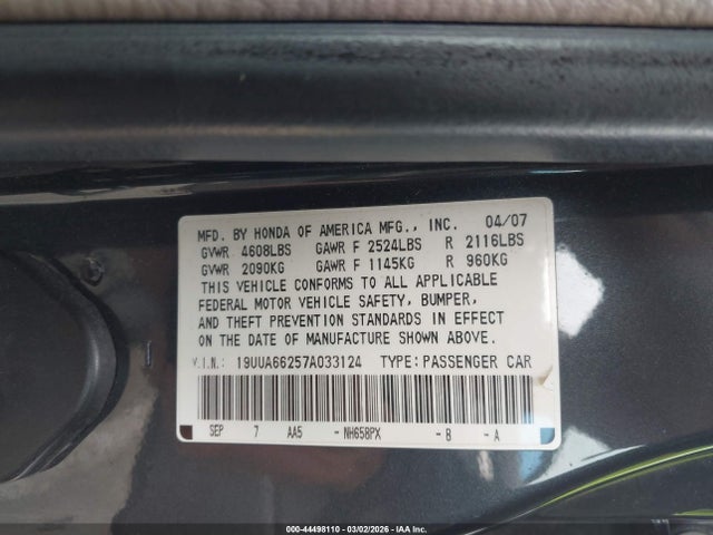 44498110 :رقم المزاد ، 19UUA66257A033124 vin ، 2007 Acura Tl 3.2 مزاد بيع
