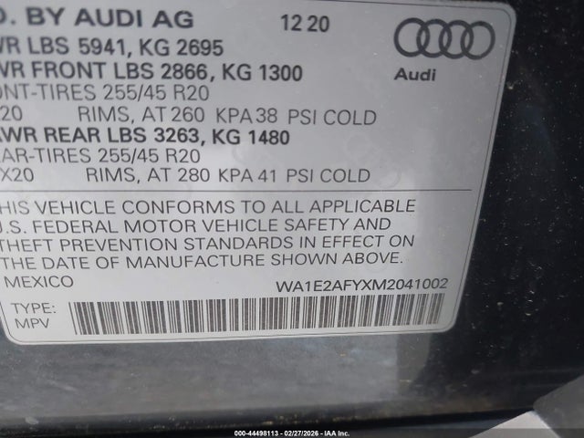 44498113 :رقم المزاد ، WA1E2AFYXM2041002 vin ، 2021 Audi Q5 Premium Plus 55 Tfsi E Quattro S Tronic مزاد بيع
