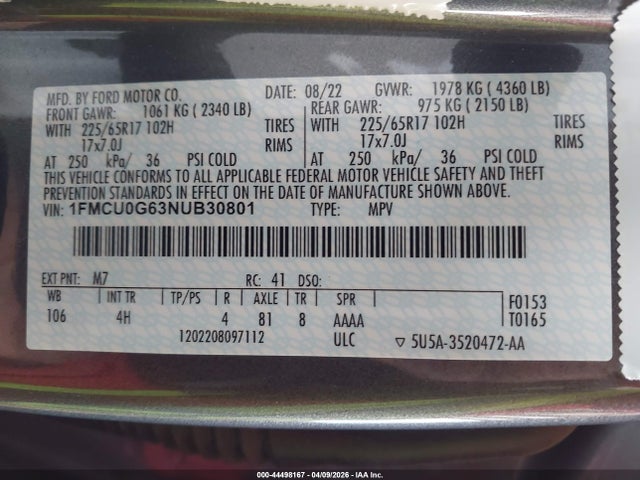 2022 Ford Escape Se მანქანა იყიდება აუქციონზე, vin: 1FMCU0G63NUB30801, აუქციონის ნომერი: 44498167