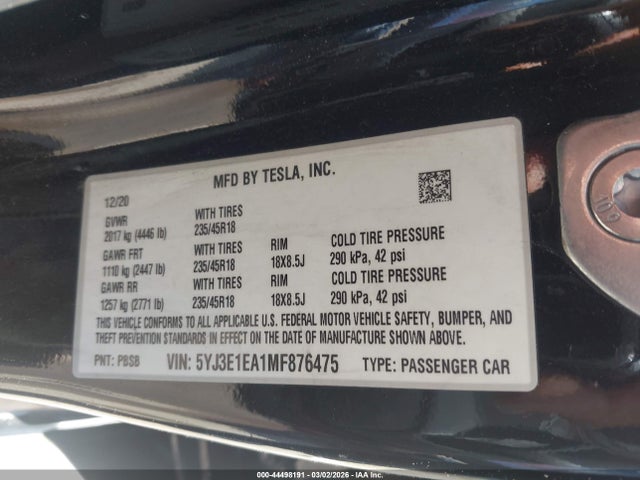 Продажа на аукционе авто 2021 Tesla Model 3 Standard Range Plus Rear-wheel Drive, vin: 5YJ3E1EA1MF876475, номер лота: 44498191