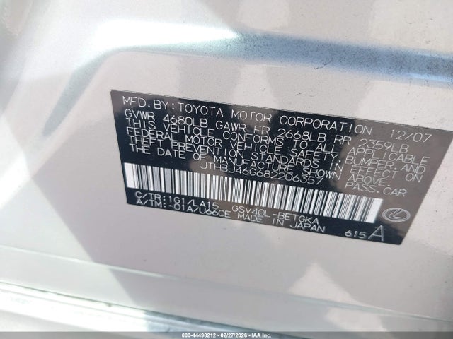 Продажа на аукционе авто 2008 Lexus Es 350, vin: JTHBJ46G682206357, номер лота: 44498212