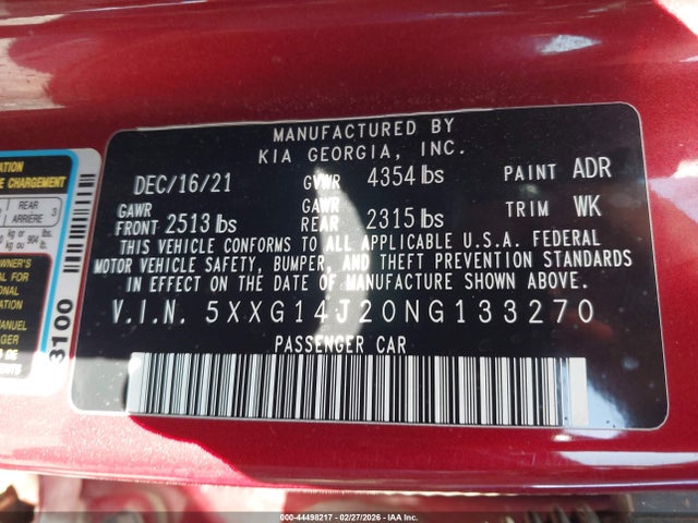 Aukcja sprzedaży 2022 Kia K5 Lxs, vin: 5XXG14J20NG133270, numer aukcji: 44498217