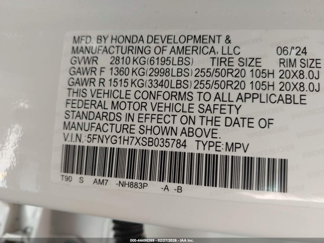 5FNYG1H7XSB035784 Honda Pilot Touring