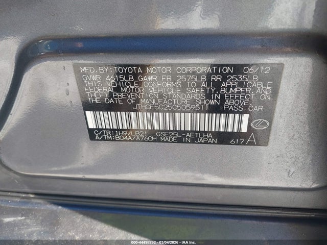 44498292 :رقم المزاد ، JTHCF5C25C5059511 vin ، 2012 Lexus Is 250 مزاد بيع