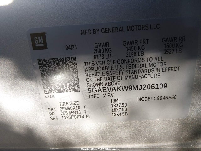 44498294 :رقم المزاد ، 5GAEVAKW9MJ206109 vin ، 2021 Buick Enclave Awd Essence مزاد بيع