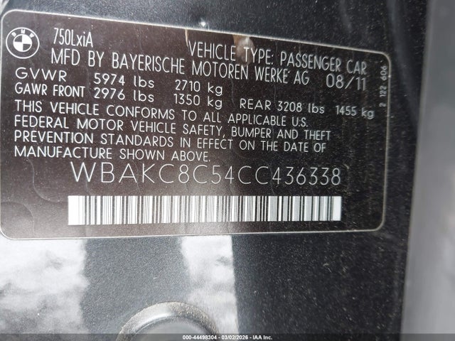 Продажа на аукционе авто 2012 Bmw 750li Xdrive, vin: WBAKC8C54CC436338, номер лота: 44498304